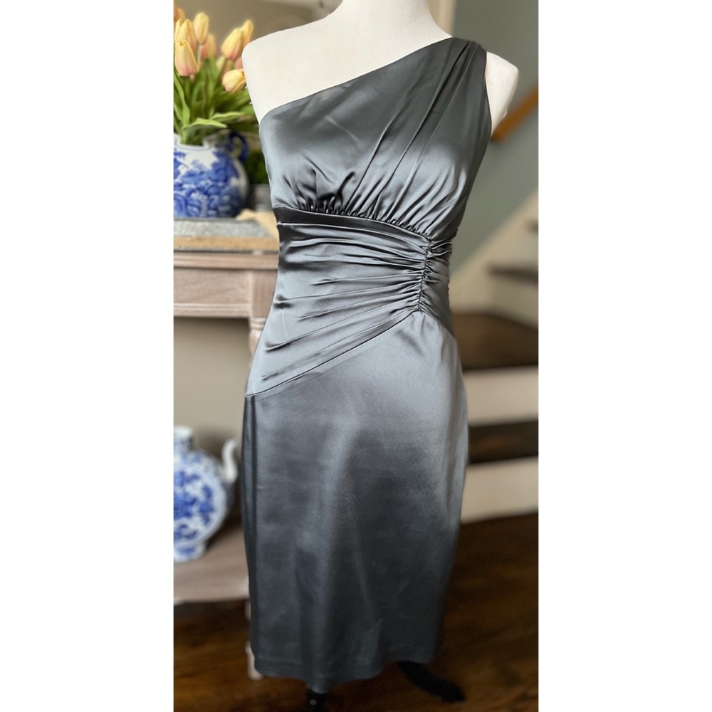 Jax one shoulder smoke gray satin dress. Sz 4, pleated waist, fully lined.
